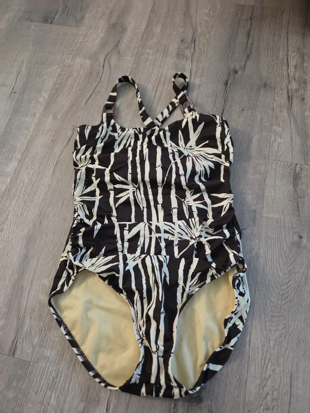Lands' End Black One-Piece Swimsuit with Cream Palm Print
